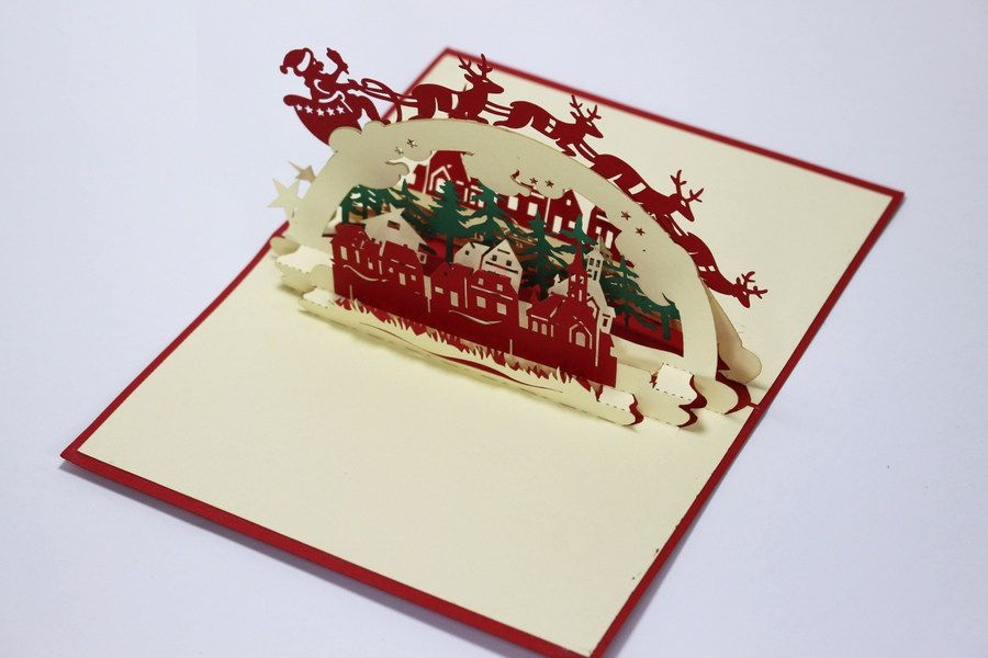 3D Christmas Card - Reindeer Flying Through the City - NON36