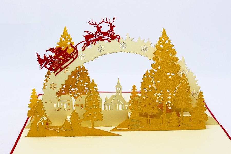3D Christmas Card - Reindeer Flying Through the Forest of Maple Trees - NOT12