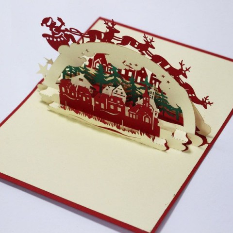 3D Christmas Card - Reindeer Flying Through the City - NON36